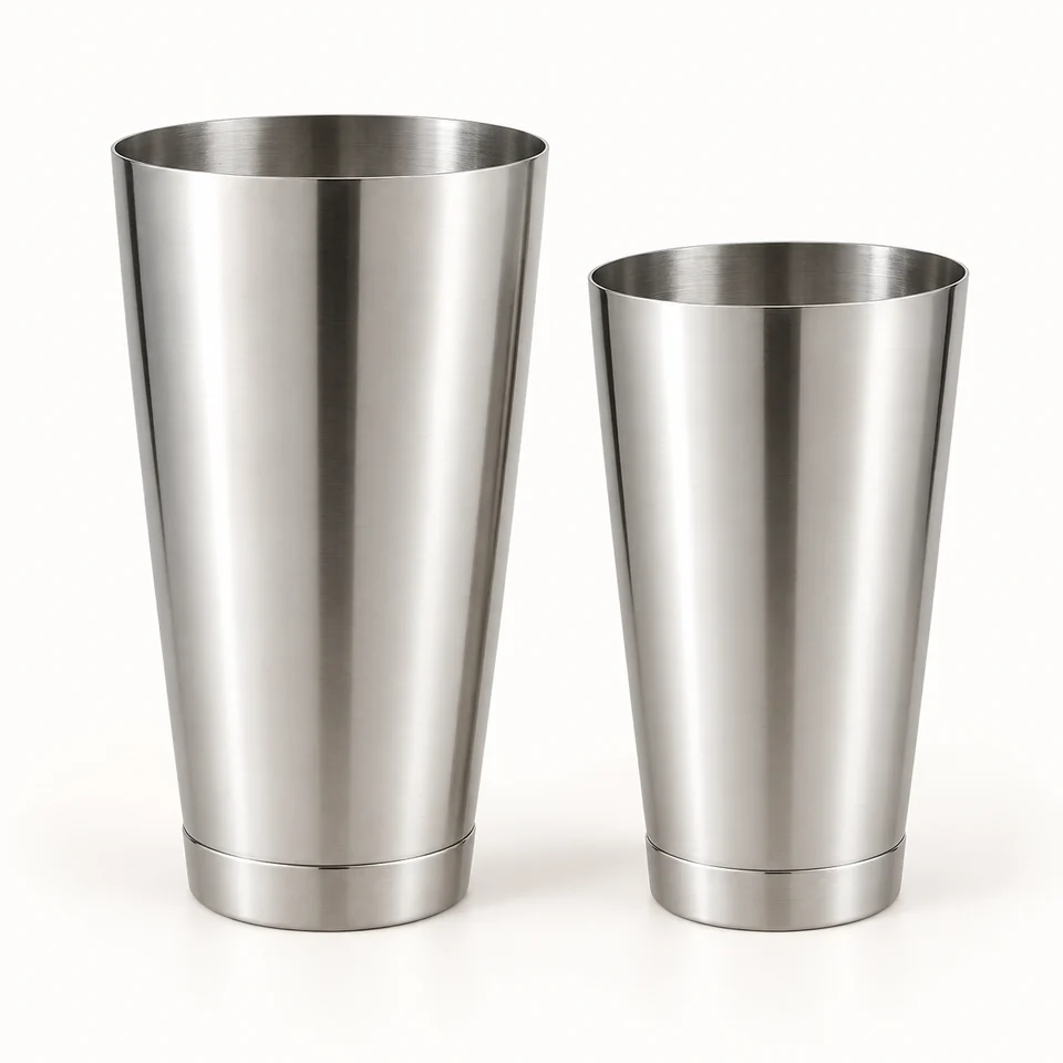 Representative illustration of two complete stainless-steel weighted Boston shaker tins.