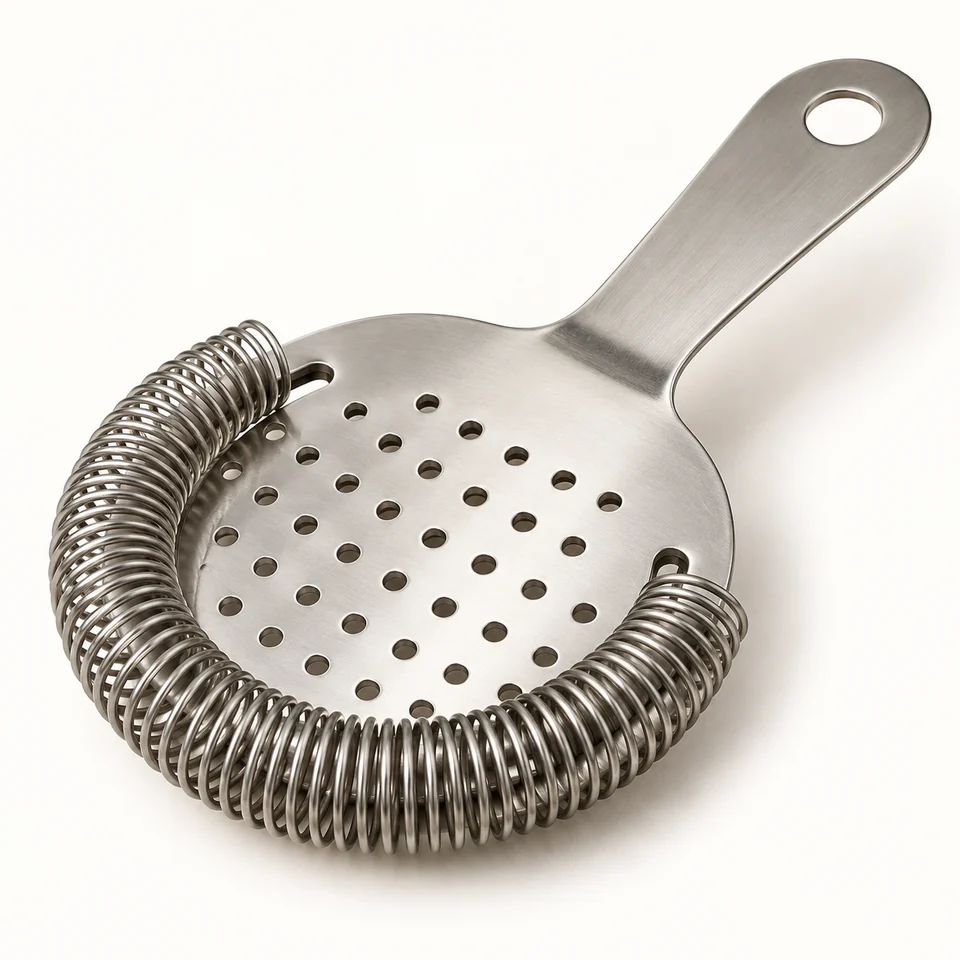 Representative illustration of a Hawthorne strainer with a perforated plate, handle and coil spring.