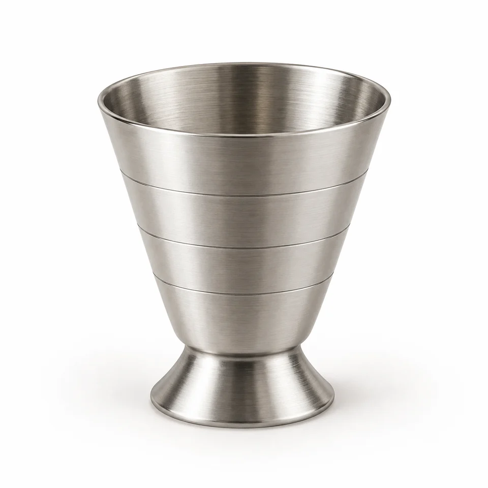 Representative illustration of a single tapered steel measuring cup with a footed base.