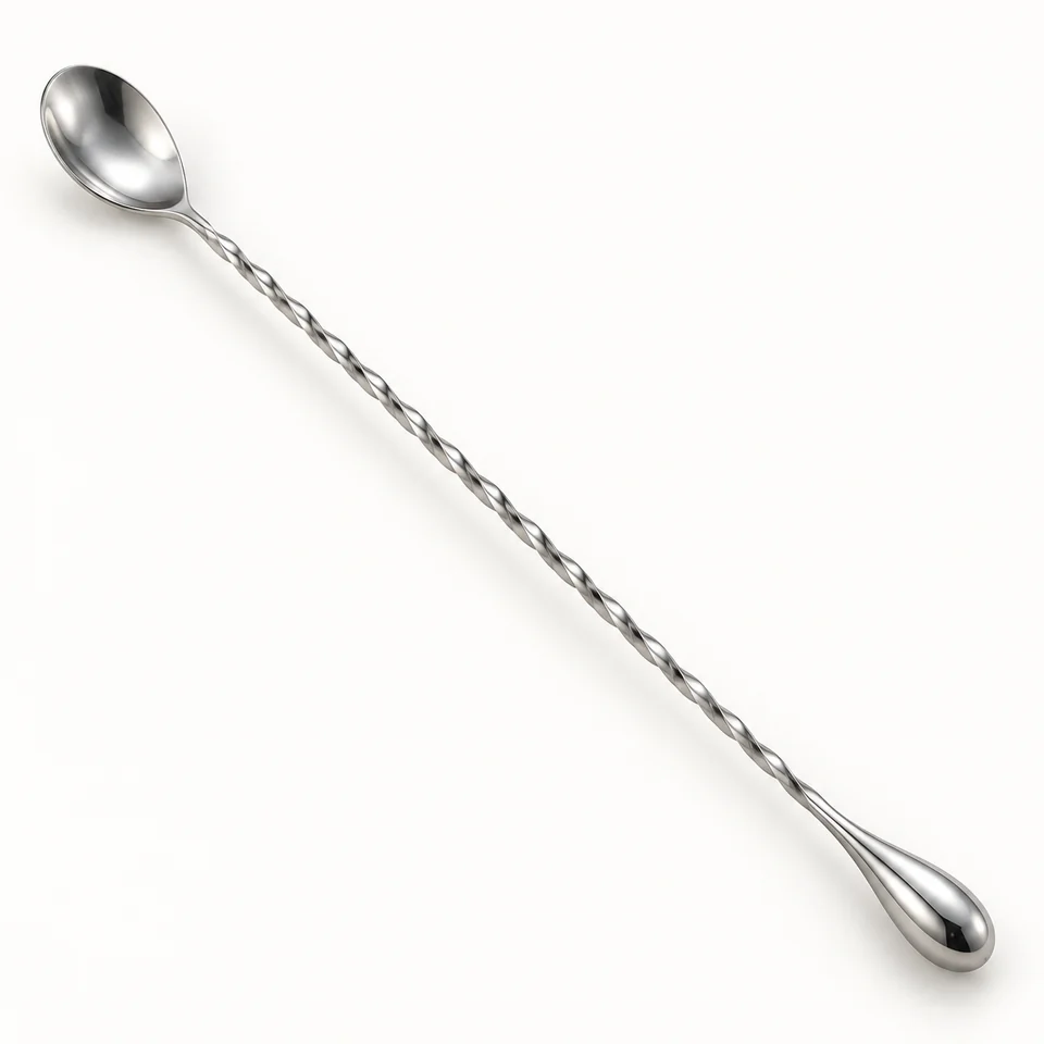 Representative illustration of a full twisted bar spoon with an oval bowl and teardrop end.