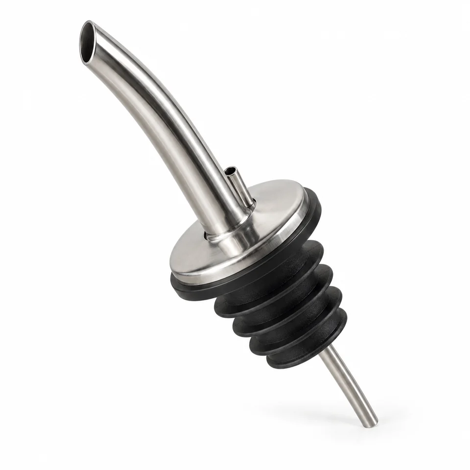 Representative illustration of one tapered chrome-style free-flow speed pourer with a ribbed stopper.