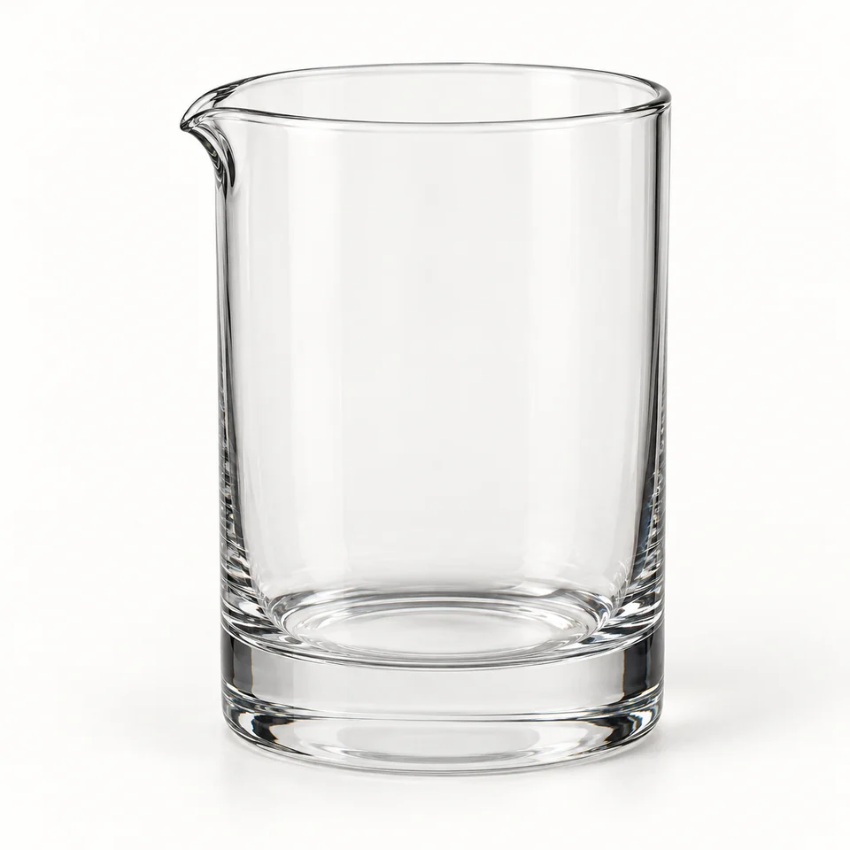 Representative illustration of a plain clear mixing glass with a pouring lip and thick base.