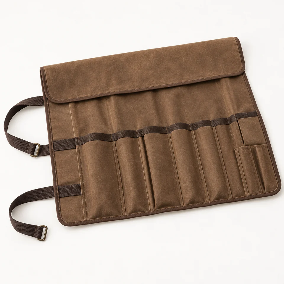 Representative illustration of an empty brown canvas bartender tool-roll bag with straps.